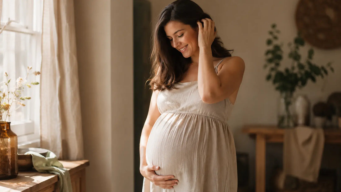 Femme enceinte souriante passant doucement la main dans ses cheveux près d'une fenêtre lumineuse, évoquant les précautions capillaires pendant la grossesse