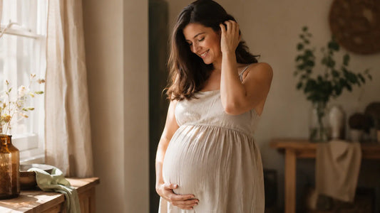 Femme enceinte souriante passant doucement la main dans ses cheveux près d'une fenêtre lumineuse, évoquant les précautions capillaires pendant la grossesse