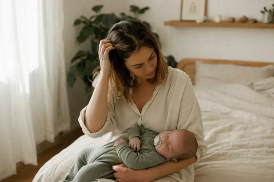 Femme tenant son bébé dans les bras et se tenant les cheveux