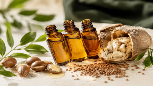 Fioles d'huile d'argan, de baobab et de lin entourées de leurs graines et fruits, soin naturel pour cheveux fins