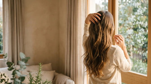 Femme aux cheveux longs en lumière naturelle, illustration du sujet de la chute de cheveux chez la femme