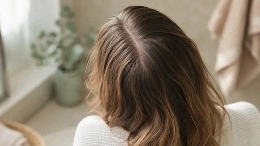 Vue plongeante sur la raie d'une femme aux cheveux châtains, cuir chevelu rose et sain en lumière naturelle